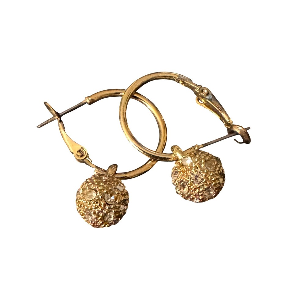Gold Tone Pave Disco Ball Charm Hoop Earrings Small Latch Back Sparkly Round